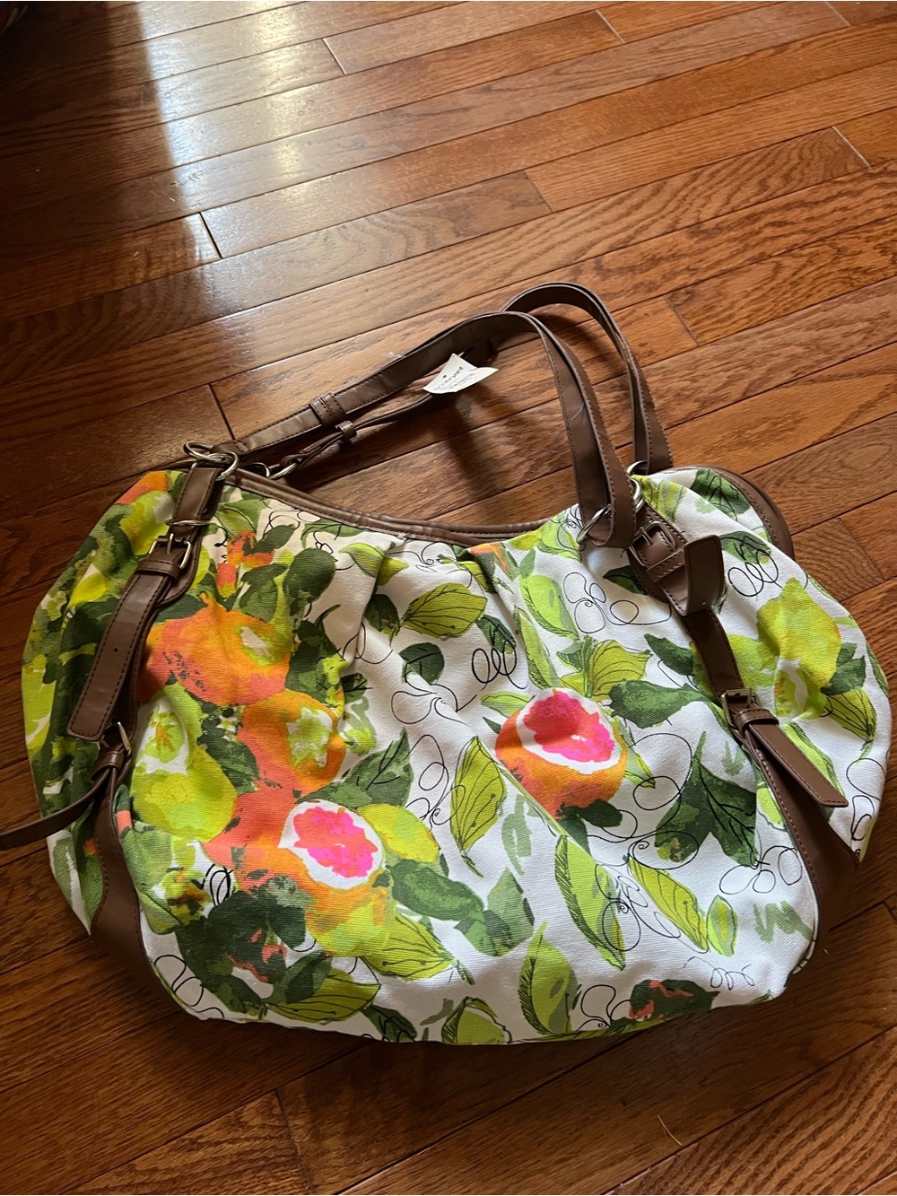 Floral Canvas Shoulder Bag with Brown Trim